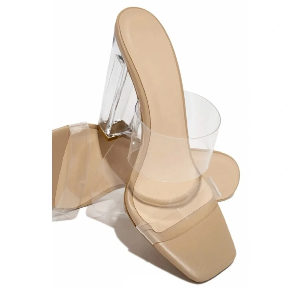 Clear Dual Strap Nude Heel With Clear Block Heel - Picture 5 of 8